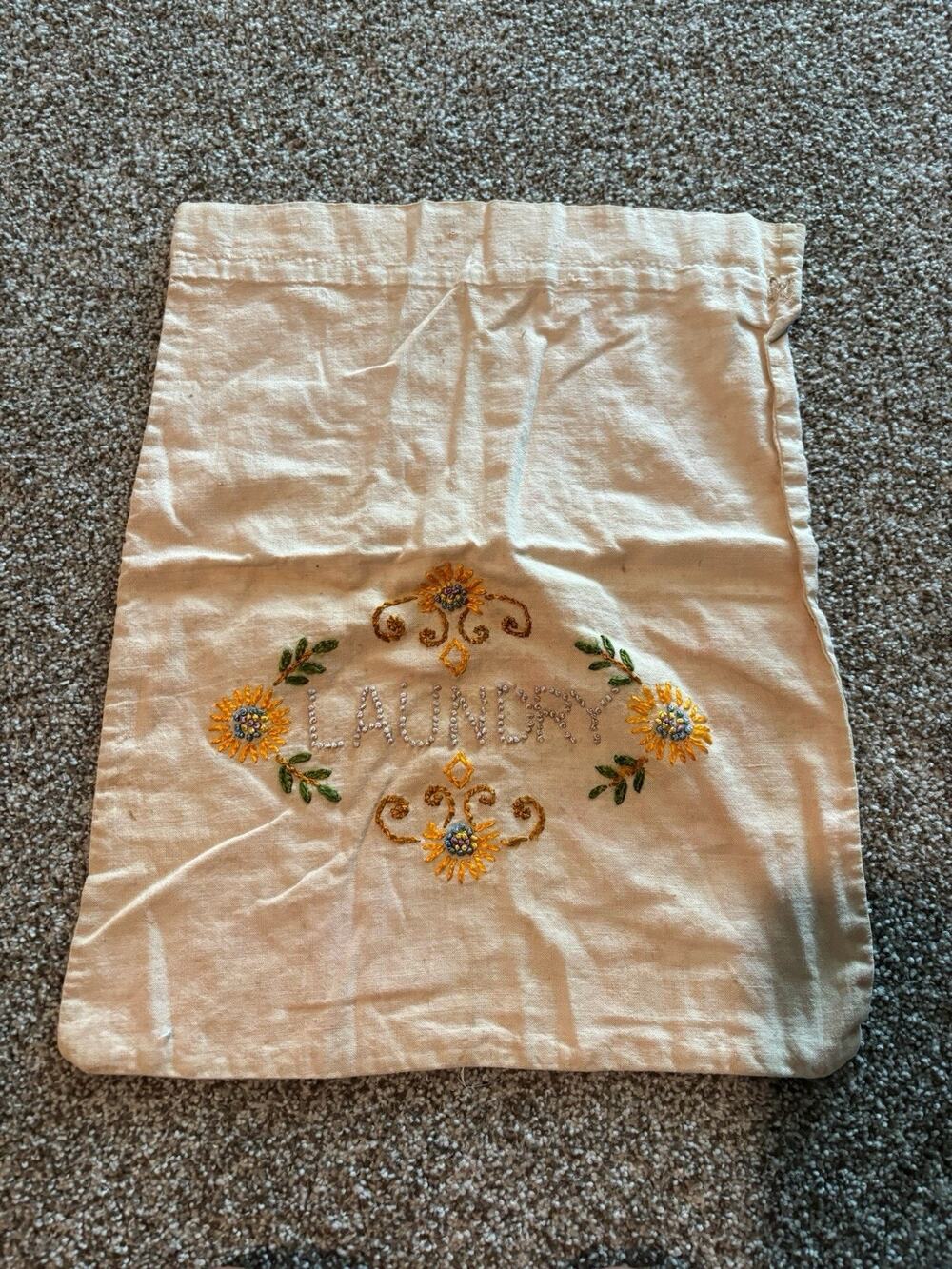 Antique Cotton Embroidered Laundry Sack Bag Country Farmhouse history STAINS